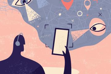 An illustration of a person using a phone and being spied on