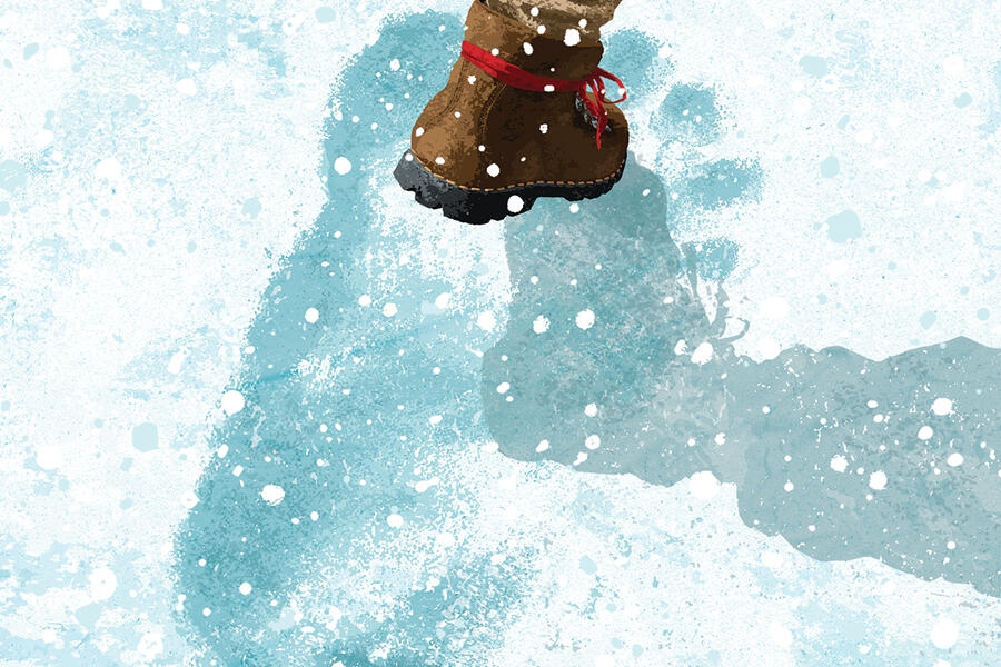 A hiking boot steps into a snowy landscape. Where the foot touches the snow is the outline of a large footprint.