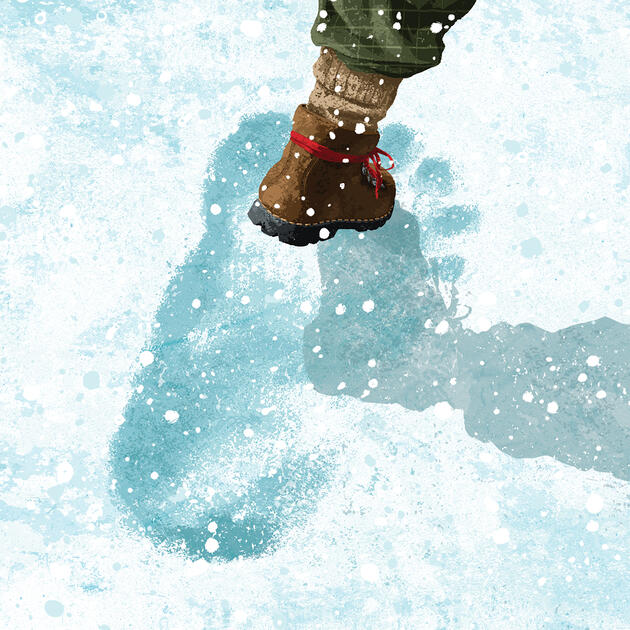 A hiking boot steps into a snowy landscape. Where the foot touches the snow is the outline of a large footprint.